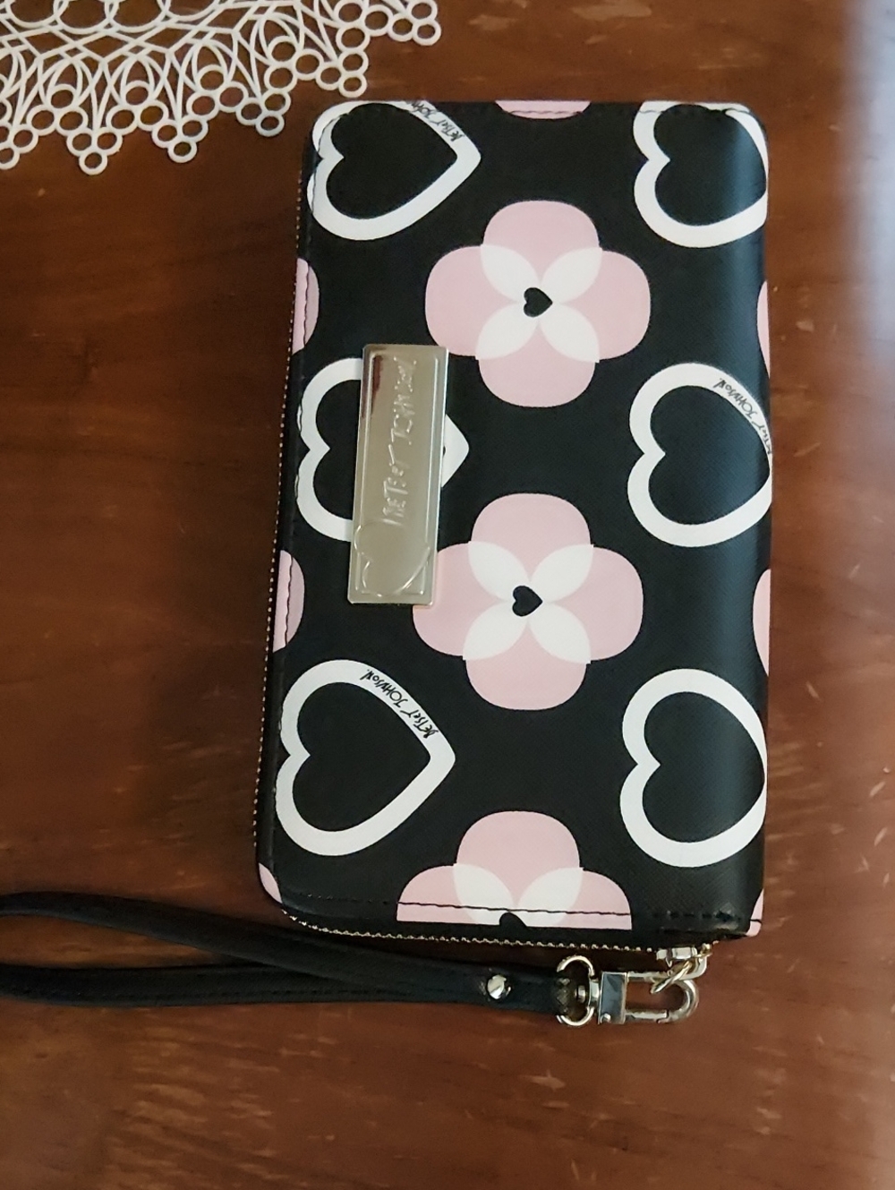 Betsey Johnson Black and Pink Heart Floral Zip Wristlet Wallet